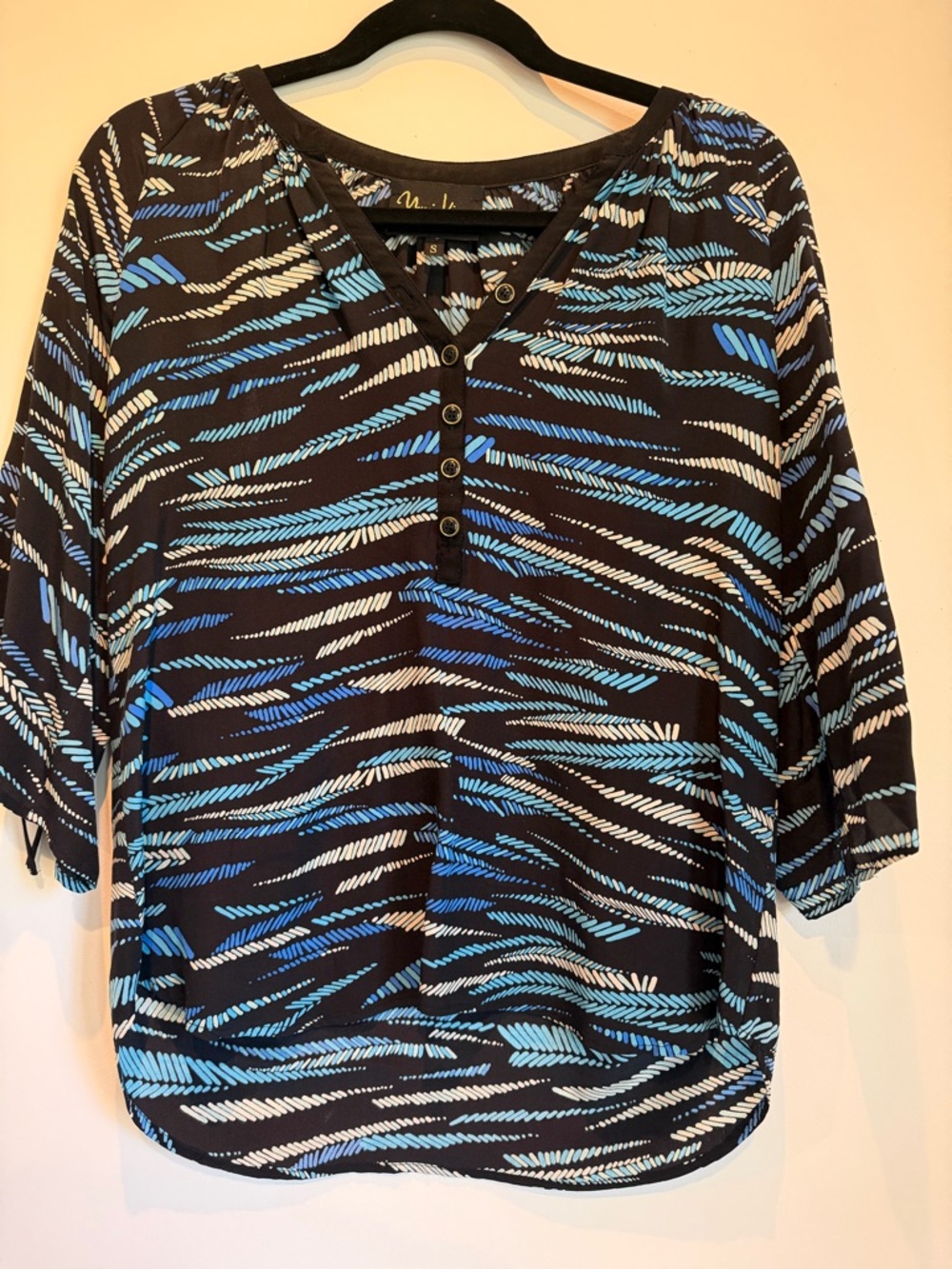 Yumi Kim Black blouse with Blue & White Feather Stripe Print